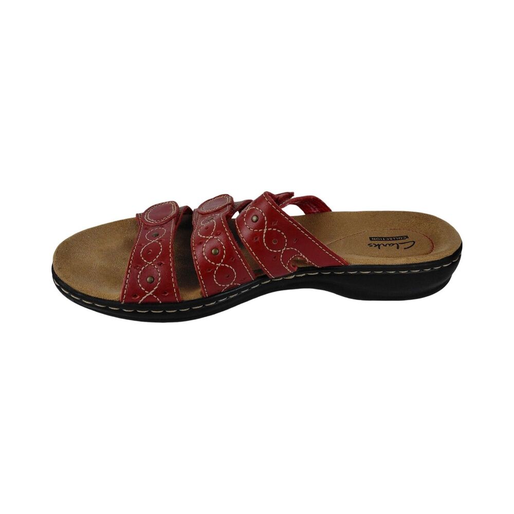 Clarks Red Leather Wedge Sandals Slip On Strappy Cutout Womens Size 9N - Picture 4 of 9